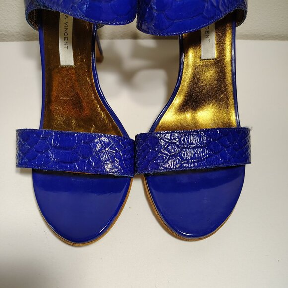 Cynthia Vincent Strappy Open Toe Heel Pumps Faux Reptile Skin Patent Leather - Picture 5 of 8